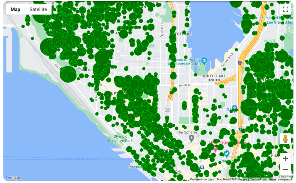 Google Map view of Seattle with tree coverage overlaid