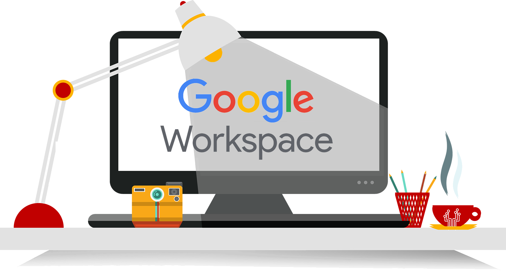 An illustration of a desktop holding a laptop screen showing the Google Workspace logo. It's surrounded by a lamp, camera, pen pot and a cup and saucer.