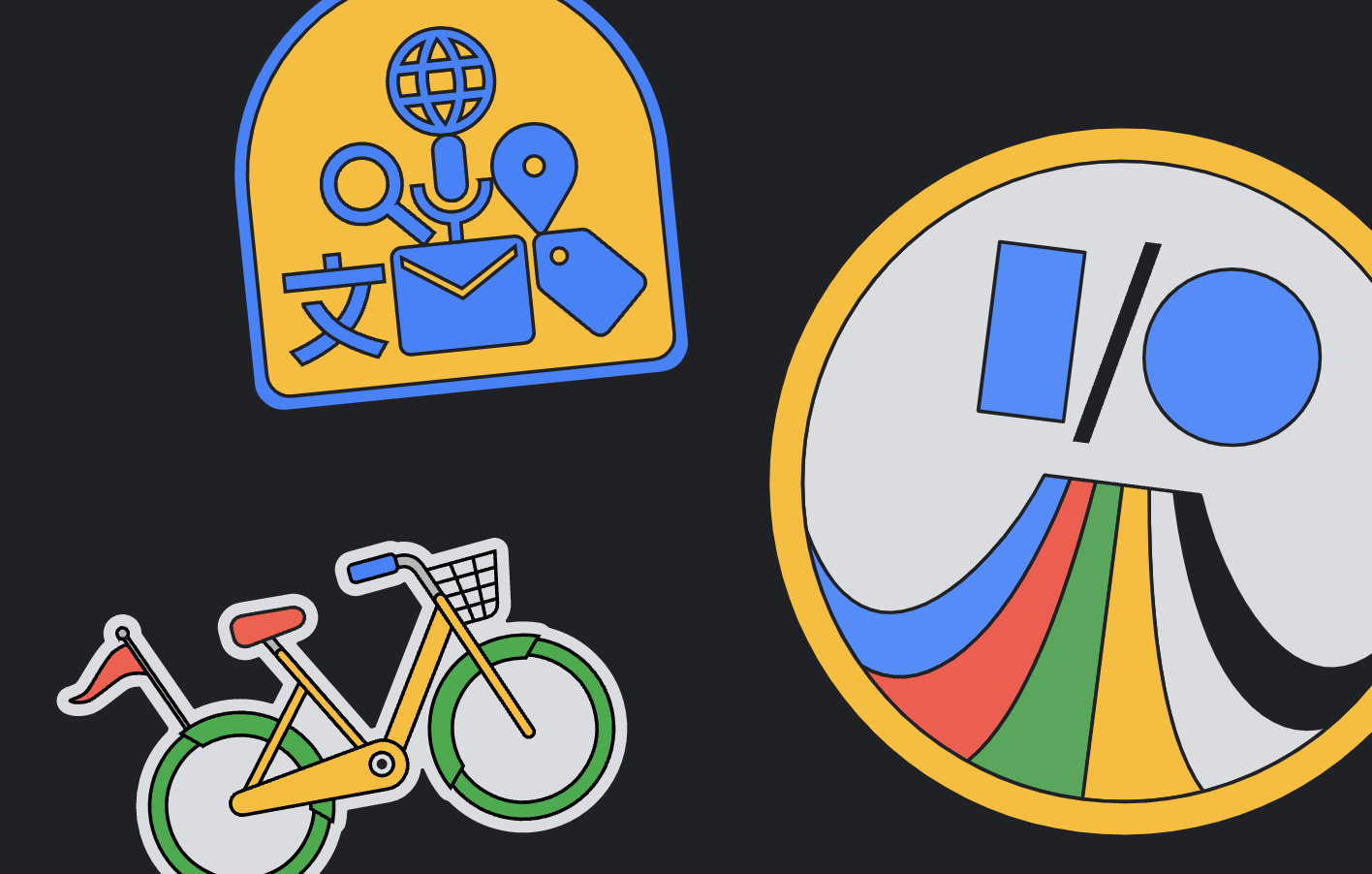 Various multi-coloured illustrated icons of Google I/O event against a black background including a bike, microphone, web icon and the I/O icon 