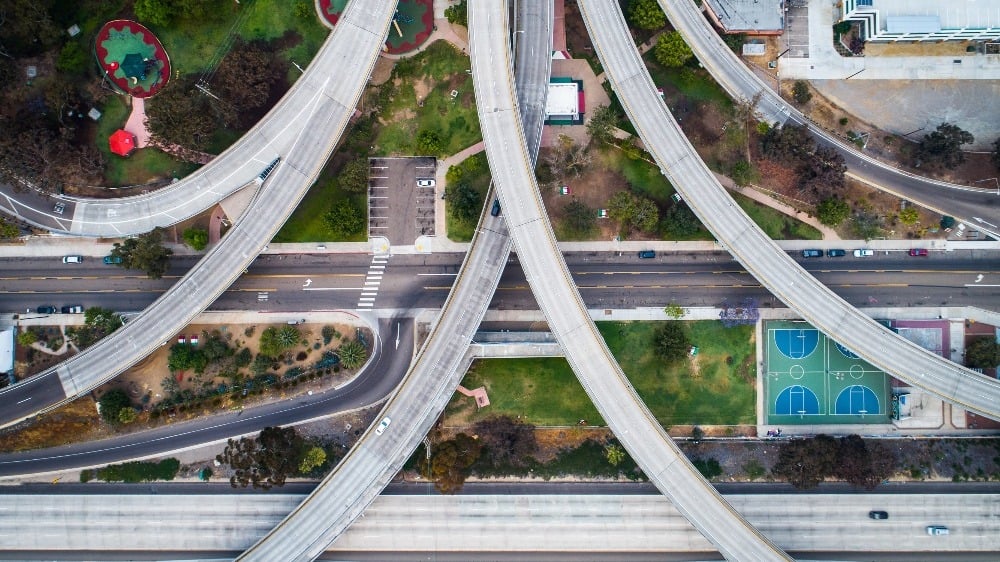 Aerial image of motorways running over buildings