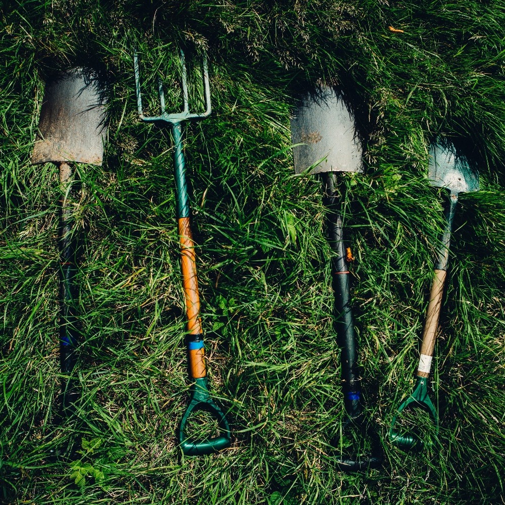 Aerial shot of various large gardening tools lying in long grass