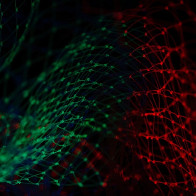 Neon green and red lines against a dark background