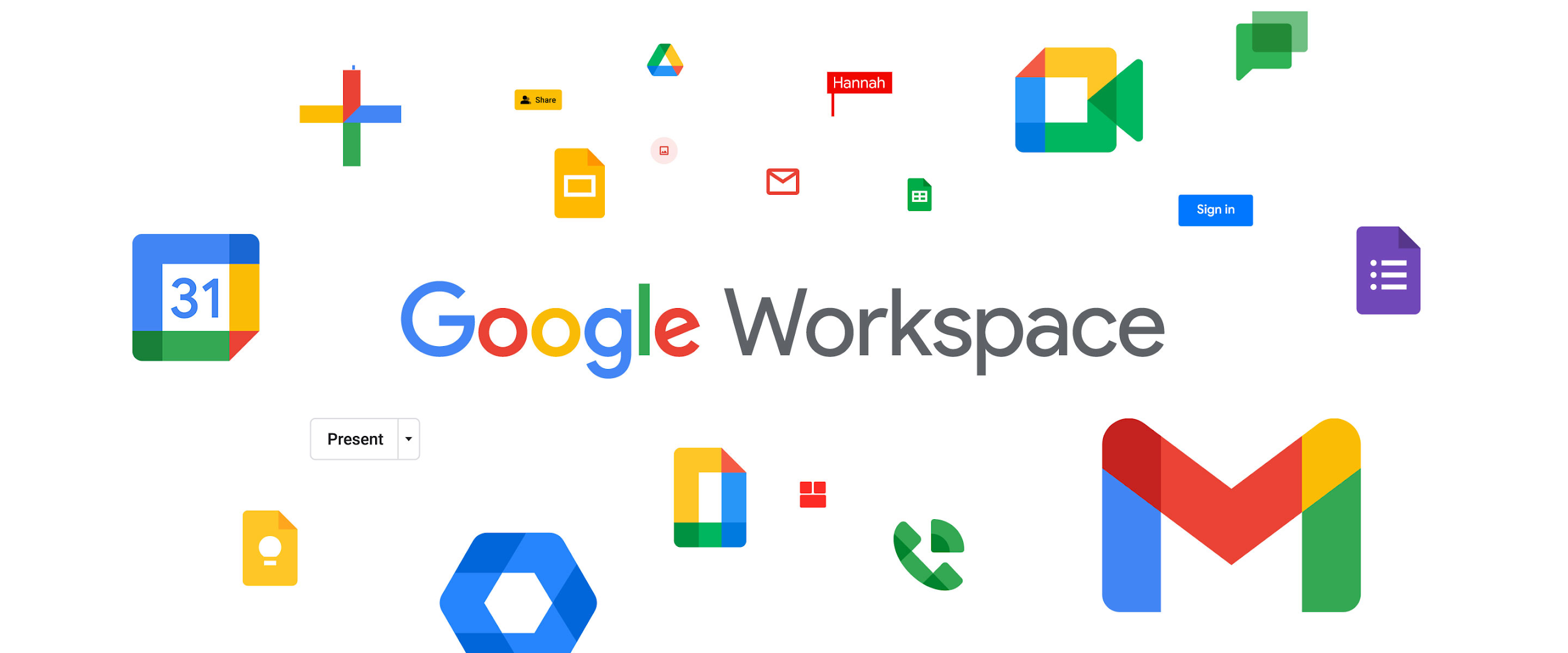 Google Workspace logo surrounded by various Google Workspace icons all against a white background